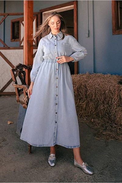 Moda Rosa 25K9218 - Light Blue - Waist Rubbered Denim Dress