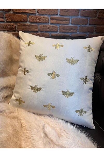 ref crea Ecru-Gold Bee Embroidered Throw Pillow Cover