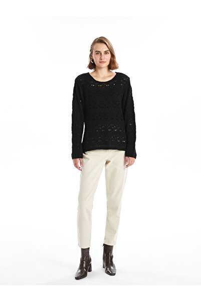LC Waikiki Black Crew Neck Openwork Long Sleeve Women's Knitwear Sweater