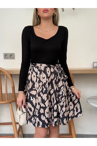 Moda Asmira Women's Long Sleeve Square Neck Viscose Blouse Bottom Single Jersey Printed Waist Belted Short Dress
