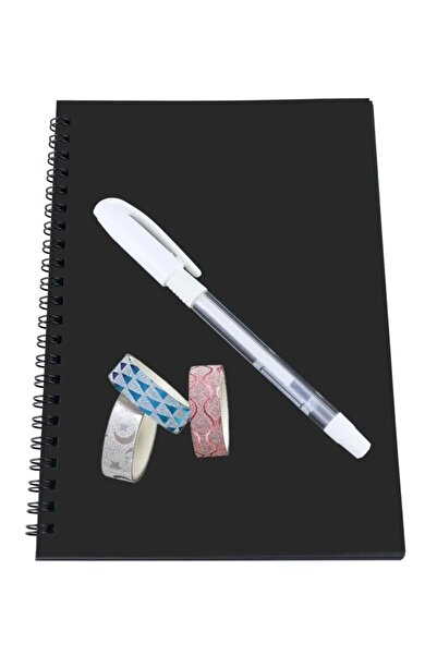 KARYA - Siyah Sayfalı Defter 14x20 Cm - 20 Yaprak 40 Sayfa - Beyaz Jel Kalem - Simli Bantlar