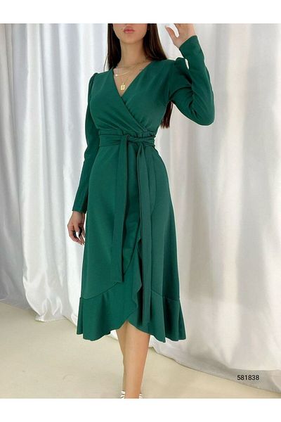 Viyamo Rochie de damă din țesătură crepon verde, cu guler dublu, croi asimetric, lungime midi, cu curea, cu mânecă lungă