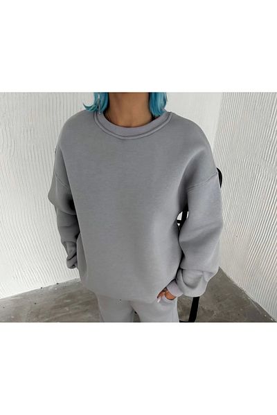 Moda Asmira    Winter Crew Neck Three Thread Basic Sweatshirt - Gray