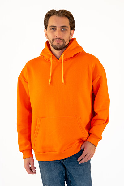 TEVOOY سويت شيرت برتقالي بجيب الكنغر مقاس كبير للجنسين