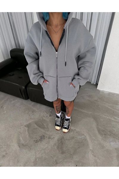 Aemido Oversize Full Zip Long Sleeve Cardigan - Gray