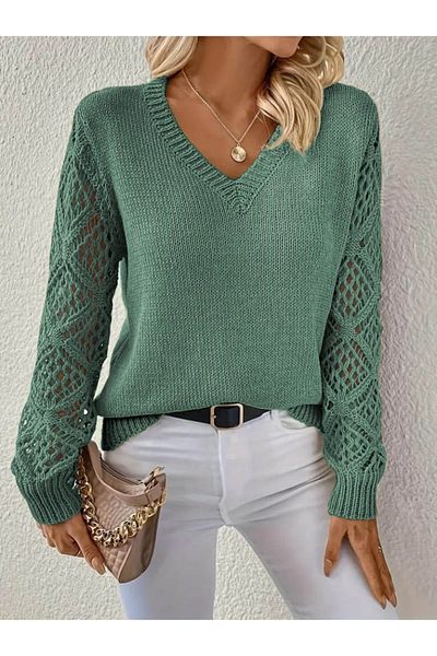 Butik Women's Long Sleeve V-Neck Sleeve Hollowed Out Diamond Pattern Detailed Knitwear Sweater