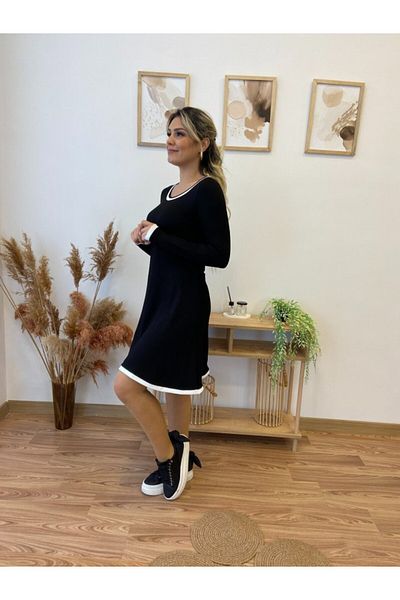 JANES Rochie de damă cu mânecă lungă, cu gât rotund adânc, scurtă din viscoză, cu două fire