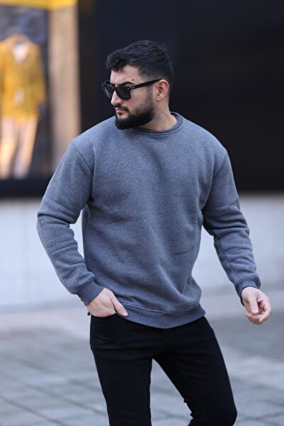 erkek 3 iplik şardonlu penye bisiklet yaka siyah sweatshirt