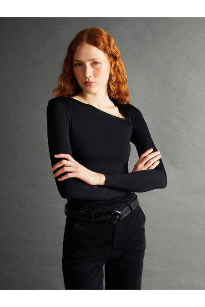 LC Waikiki Black Asymmetrical V-Neck Women's Blouse