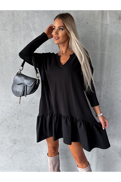İpeksi Silky Women's Long Sleeve V Neck Skirt Shirring Flared Two Thread Mini Length Dress