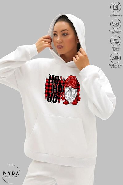 Nyda Collections Πρωτοχρονιάτικο χριστουγεννιάτικο Hohoho printed Unisex φούτερ με κουκούλα oversize