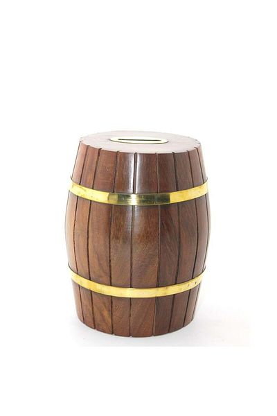 LiderGlobal Brass Wooden Barrel Piggy Bank 15 cm