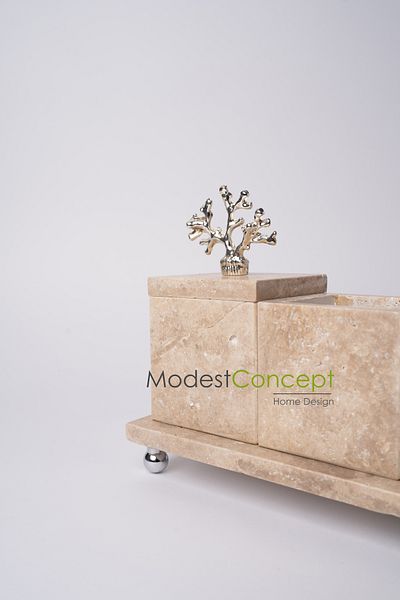 Modestmar طقم حمام مربع من ترافرتين مكون من 3 قطع - مع إكسسوارات فضية ومرجانية