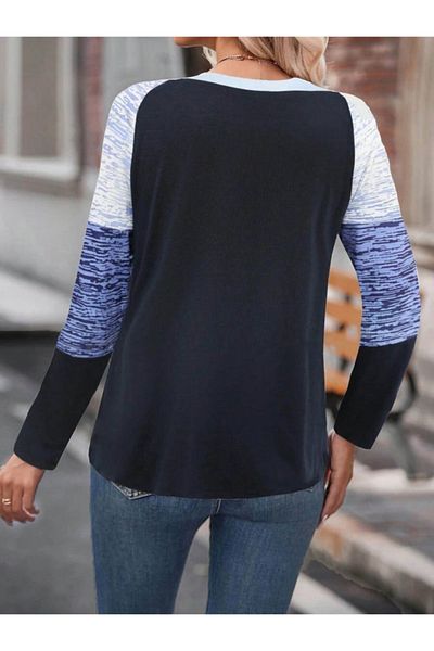 REKA MODA Women's Long Sleeve Round Neck Printed Button Detail Single Jersey Blouse