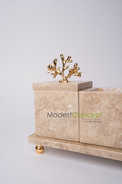 Modestmar طقم حمام مربع من ترافرتين مكون من 3 قطع - إكسسوارات مرجانية ذهبية