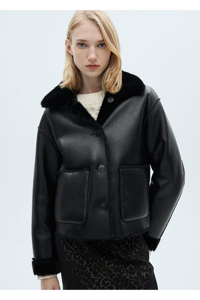MANGO Woman Двулицево кожено яке с джобове