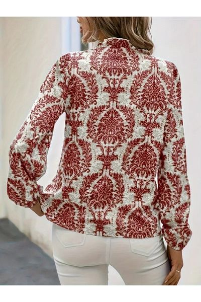 Trend Moda Women's Long Sleeve V Neck Patterned Imported Linen Blouse with Buttons on the Front