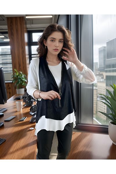 Gökyüzü Moda Clover Fashion Women's Long Sleeve Asymmetric Cut Viscose Blouse and Cracked Leather Look Zipper Detailed Vest