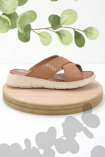 Bambi Γυναικείες παντόφλες Tan Γνήσιο Δέρμα Κ 04217241203