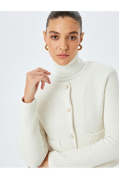 Koton Long Sleeve Pearl Button Pocket Crew Neck Cardigan