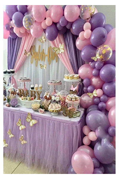 BALON DİYARI 70 Adet Şeffaf Pullu Lila Pembe Makaron Soft Balon Zincir Seti D...