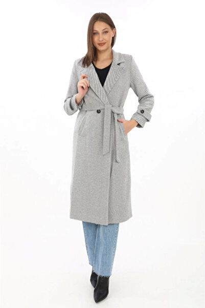 Hariqa    Lined Herringbone Cashmere Cashmere Coat - Gray