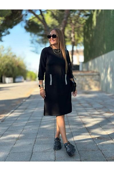 Modayakamoz Γυναικείο φόρεμα από βαμβακερό ύφασμα βισκόζης με διχτυωτό μανίκι, ρίγες και λεπτομέρεια τσέπης