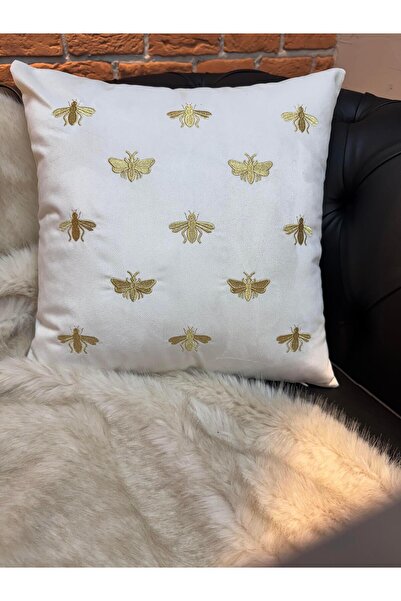 ref crea Ecru-Gold Bee Embroidered Throw Pillow Cover
