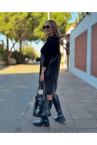İpeksi Silky Women's Long Sleeve Hood and Leather Detail Above Knee Dress