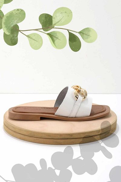 Bambi White Genuine Leather Women's Slippers K04826017403