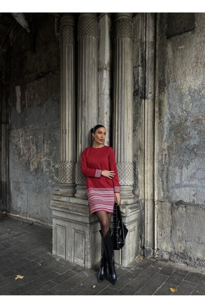 buğrahayalin Women's Long Sleeve Crew Neck Printed Two Thread Dress at Cuff and Hem