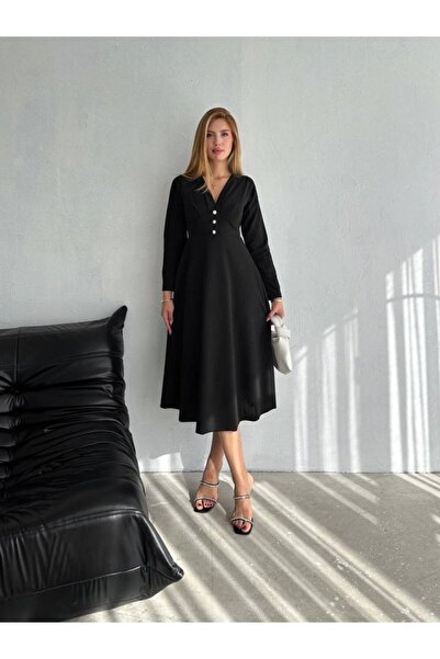 ARONA Silky Women's Crepe Fabric Button Detail V Neck Long Sleeve Midi Length Dress