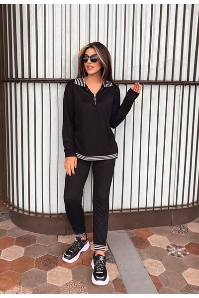 JANES Women's Long Sleeve Ribbed and Zipper Detail Blouse and High Waist Trousers 2-Piece Set