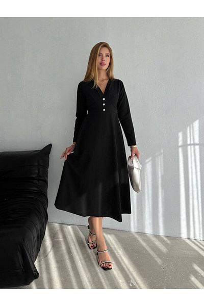 Modayakamoz Rochie midi cu mânecă lungă, cu decolteu în V, cu nasturi din țesătură creponată