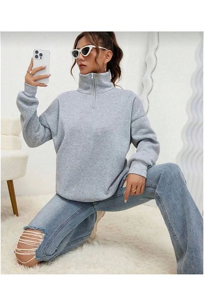 JANES Unisex Grey Basic Φούτερ - Μακρυμάνικο, Μισόχωρο, Γιακάς
