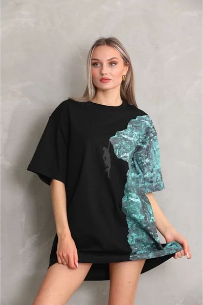 DİMA OFFİCİAL Silky Unisex Crew Neck Printed Oversize T-Shirt - Black