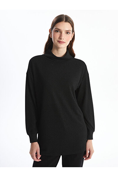 LC Waikiki Black Mock Neck Patterned Oversized Women's Tunic