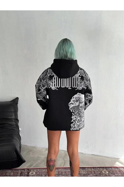 Moda Asmira Winter Three Thread Printed Hooded Sweatshirt - Black