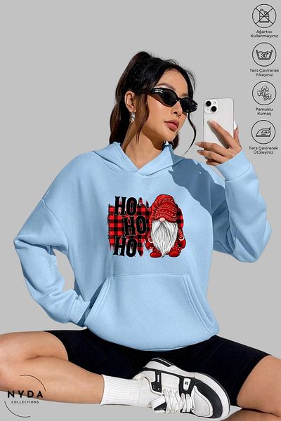 Nyda Collections Πρωτοχρονιάτικο χριστουγεννιάτικο Hohoho printed Unisex φούτερ με κουκούλα oversize
