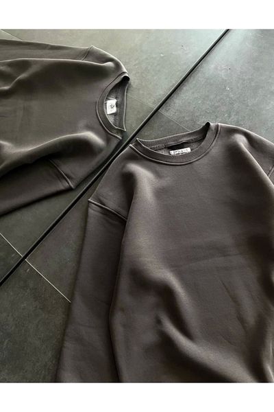Moda Asmira Winter Crew Neck Three Thread Basic Sweatshirt - Smoked