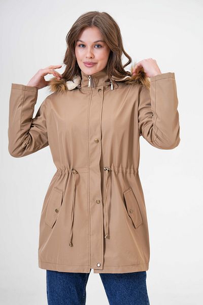 Butik Women's Plus Size Fur Lined Pocket Snap Fastener Waist Lace up Coat Coat