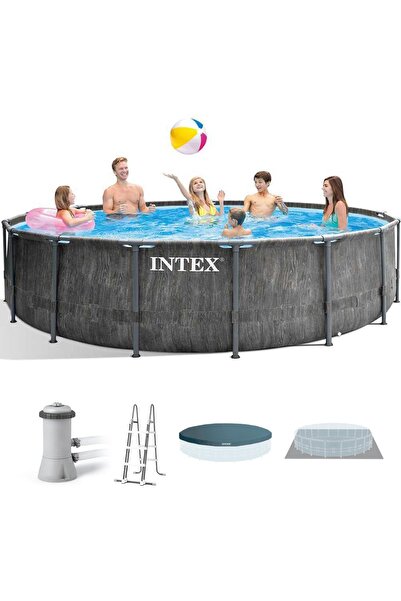 Intex 26742NP Greywood Yuvarlak Prefabrik Aile Havuzu 457x122cm Filtre+Merdiven+Örtü Set
