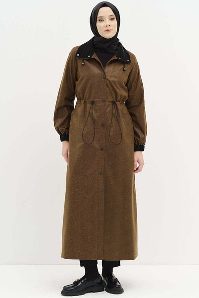 Tuğba Garnished Snap Closure Top Coat - Brown