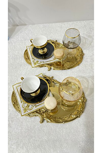 USD HOME 6 lı  gold işlemeli dantel desen Artnova kahve sunum tepsisi
