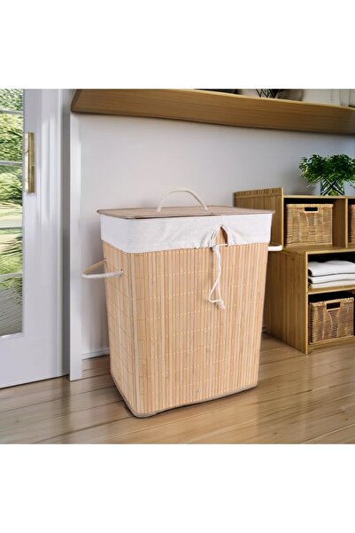 BLUE SİDE 2 Bölmeli 72 L Bambu Çamaşır Sepeti Banyo Düzenleyici Organizer Banyo Çamaşır Sepeti
