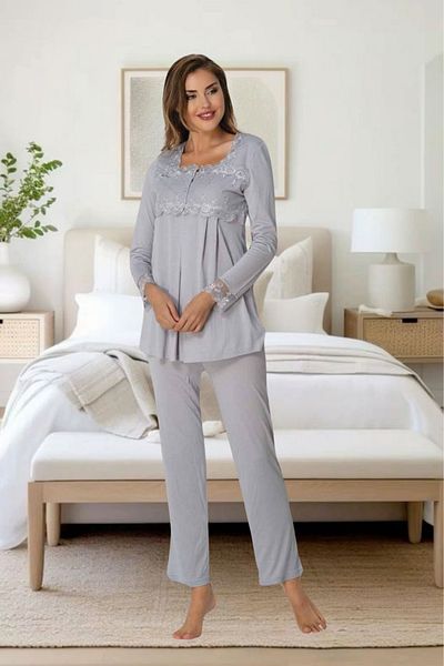 Effortt Venera Effortt Maternity Pregnant Lace Detailed Elegant Maternity Dressing Gown Sleepwear Set
