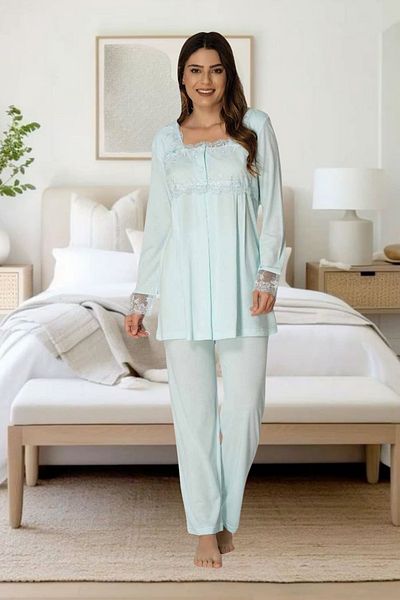 Effortt Venera Effortt Maternity Pregnant Lace Detailed Elegant Maternity Dressing Gown Sleepwear Set