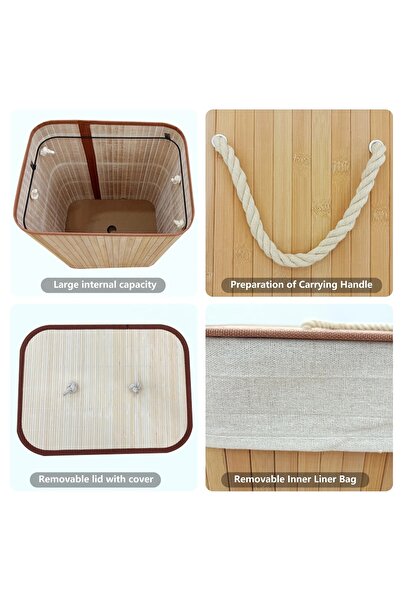 BLUE SİDE 2 Bölmeli 72 L Bambu Çamaşır Sepeti Banyo Düzenleyici Organizer Banyo Çamaşır Sepeti