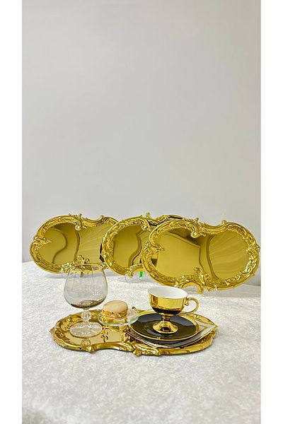 USD HOME Set of 4 Gold Embroidered Lace Pattern Artnova Coffee Presentation Trays