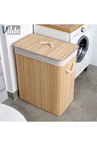 BLUE SİDE 2 Bölmeli 72 L Bambu Çamaşır Sepeti Banyo Düzenleyici Organizer Banyo Çamaşır Sepeti
